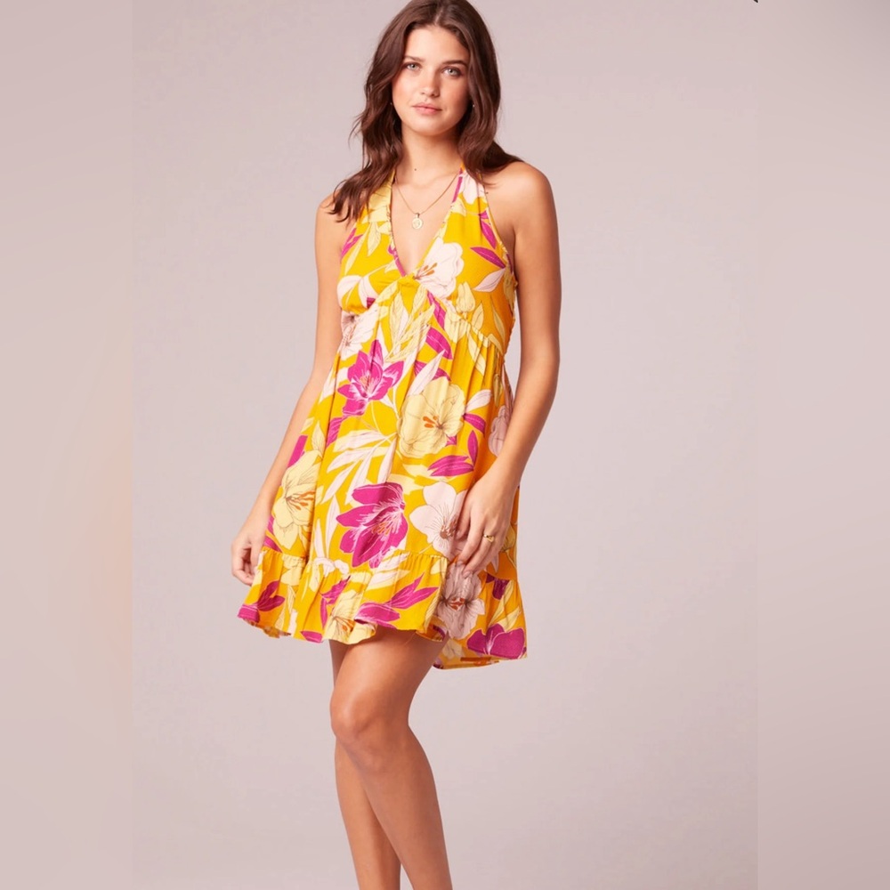 Band of Gypsies Floral Yellow Red Boho Halter Dress with smock back Size Small
